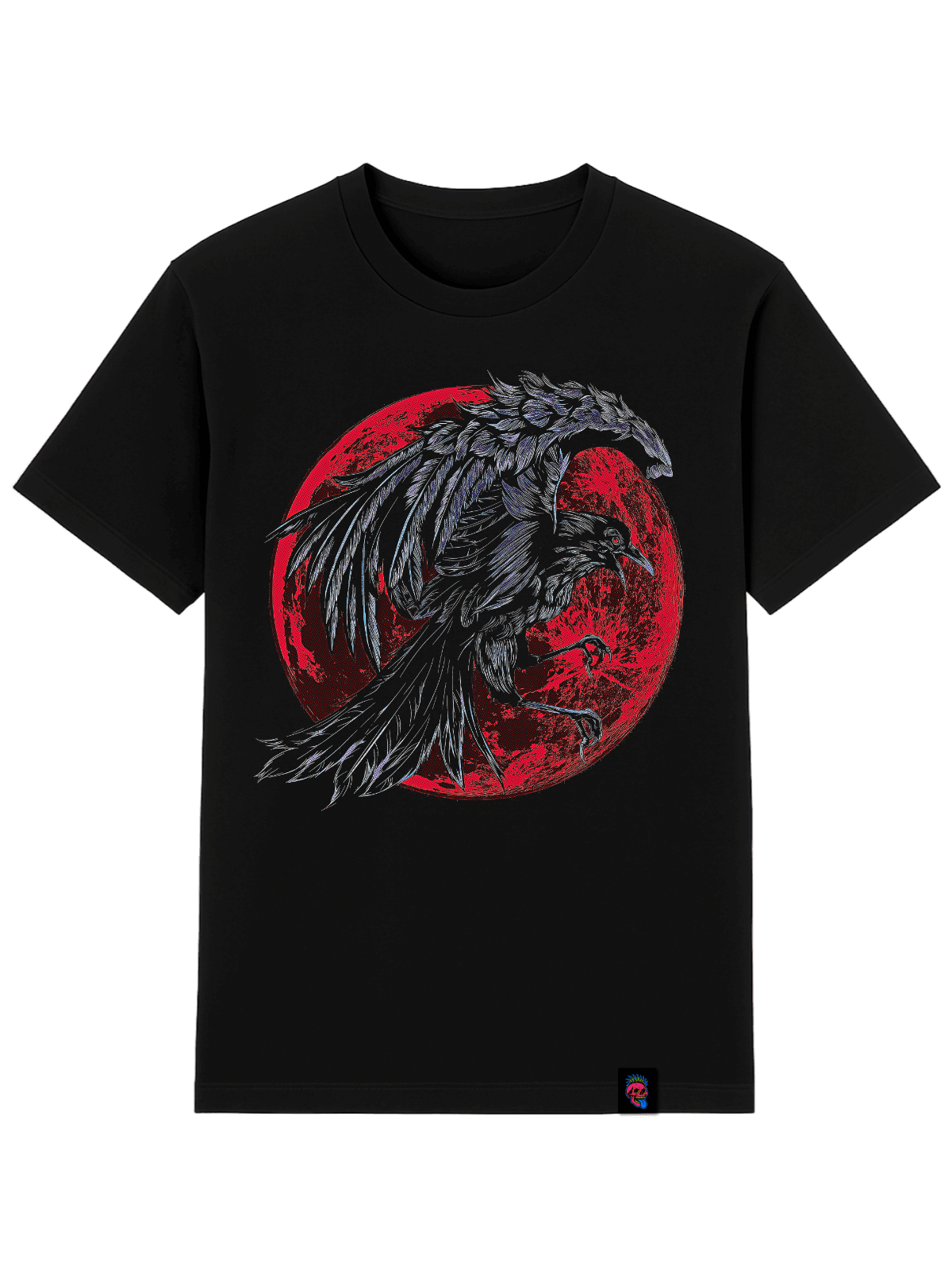 Black t-shirt with a graphic of two crows on a red circle design on a clear background