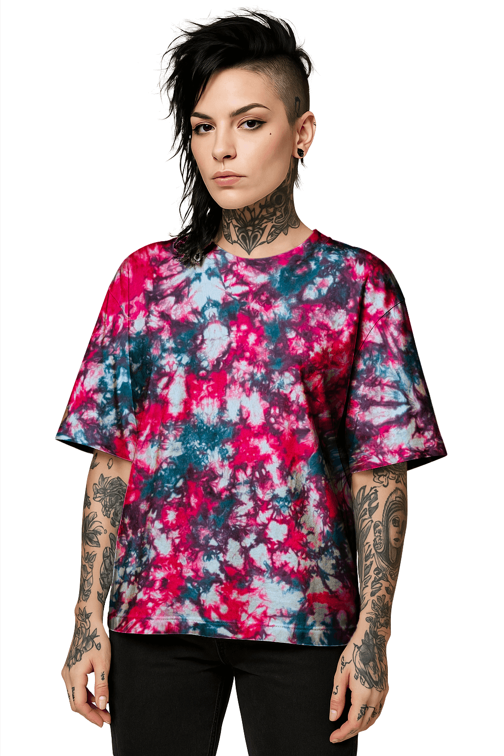 Tie-Dye Organic Boxy Oversized T-Shirt - Teal Hibiscus Camo - Streetwear Look - SourThreadz