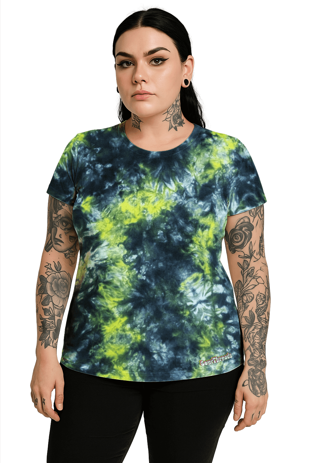 Tie-Dye Women's Fitted T-Shirt - Black Yellow Camo - Bold Grunge Look - SourThreadz