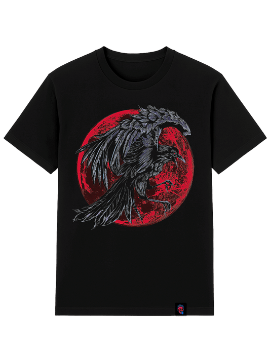 Black t-shirt with a graphic of two crows on a red circle design on a clear background