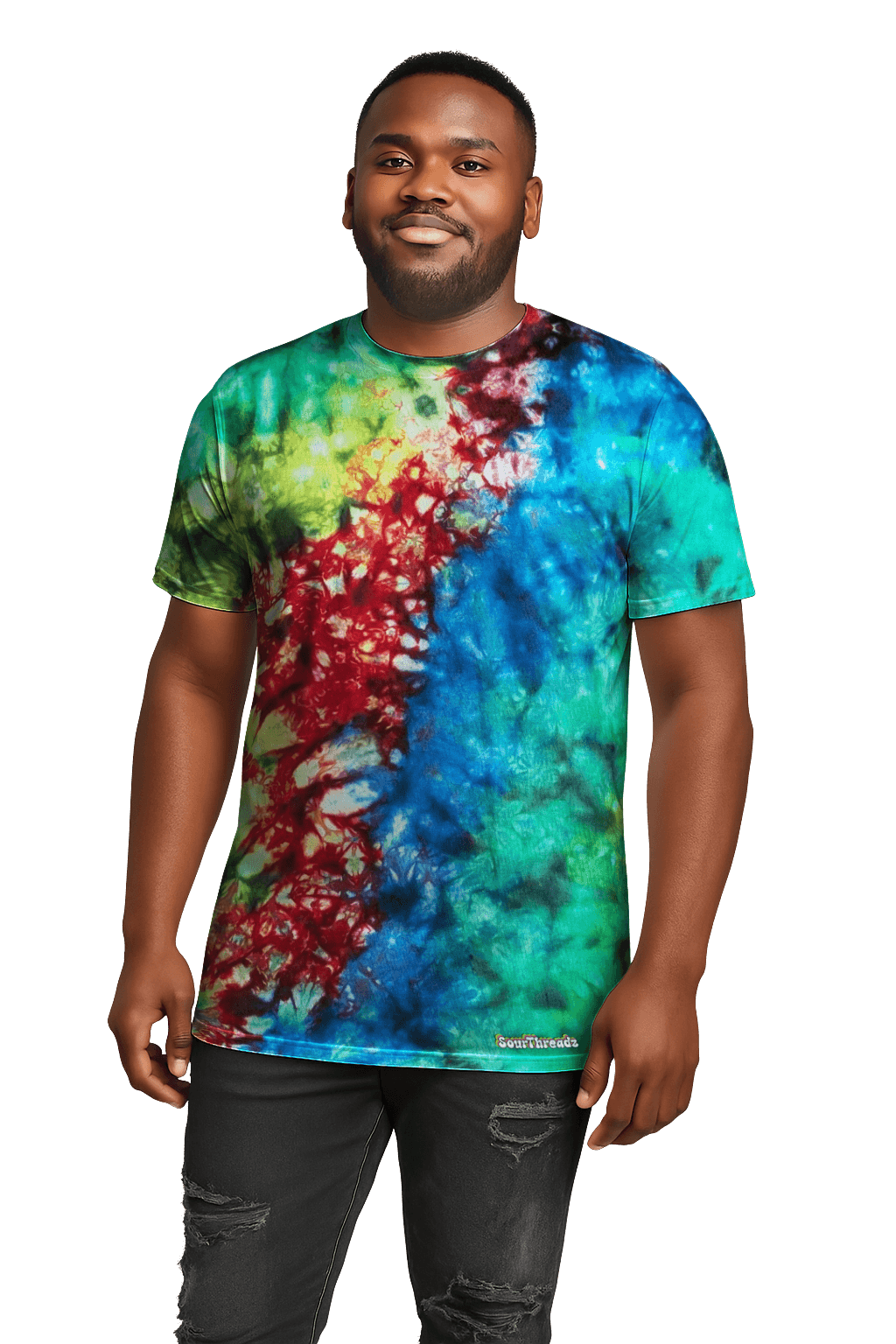 Person wearing a tie-dye t-shirt with a black background