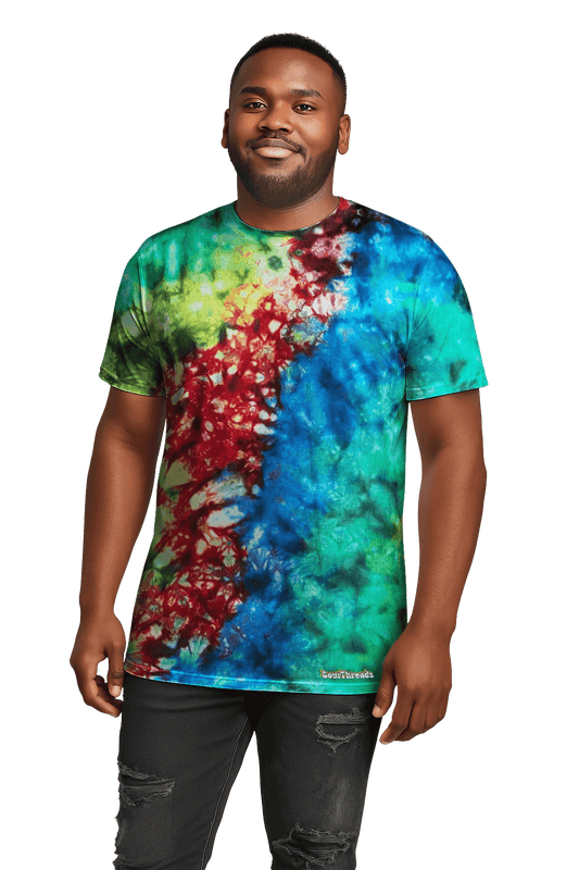 Person wearing a tie-dye t-shirt with a black background