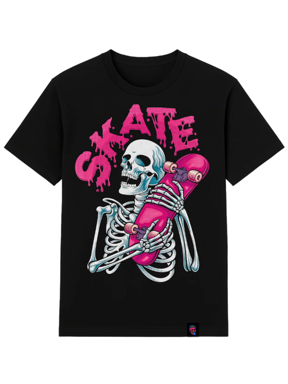 Black t-shirt with a skeleton holding a skateboard and pink 'SKATE' text on a white background