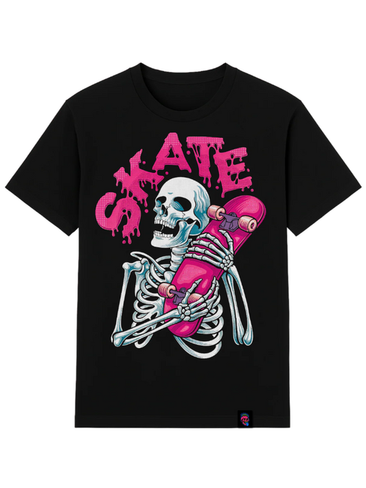 Black t-shirt with a skeleton holding a skateboard and pink 'SKATE' text on a white background
