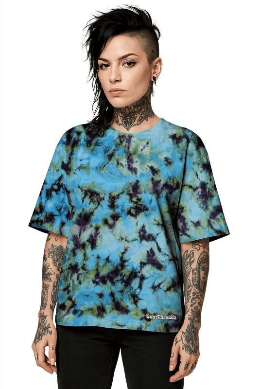 Tie-Dye Organic Boxy Oversized T-Shirt - Blue Green Camo - Streetwear Essential - SourThreadz