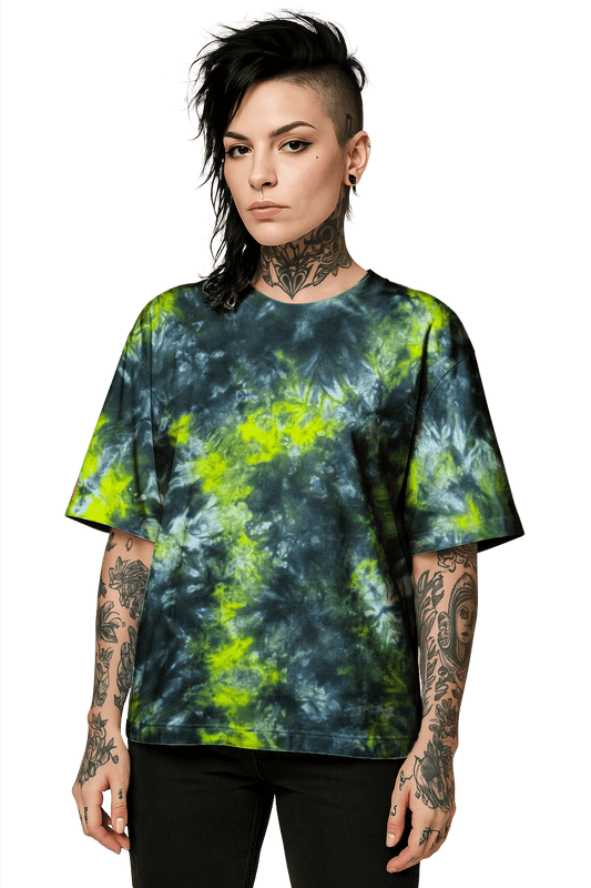 Tie-Dye Organic Boxy Oversized T-Shirt - Black Yellow Camo - Bold Grunge Look - SourThreadz