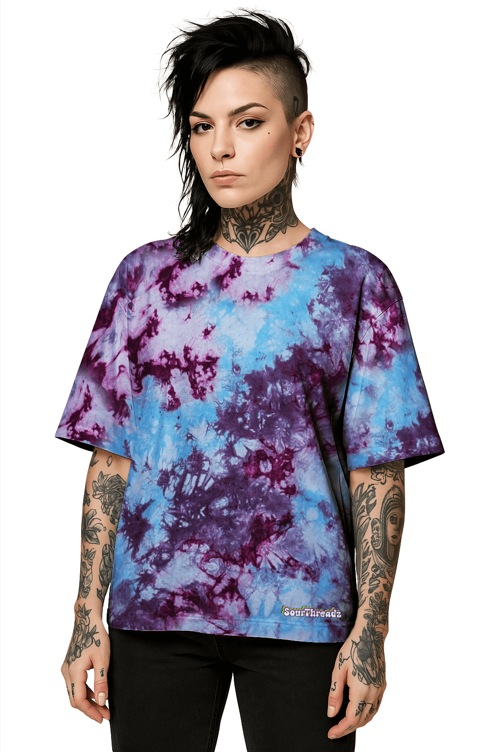 Tie-Dye Organic Boxy Oversized T-Shirt - Blue Magenta Purple - Festival Ready - SourThreadz