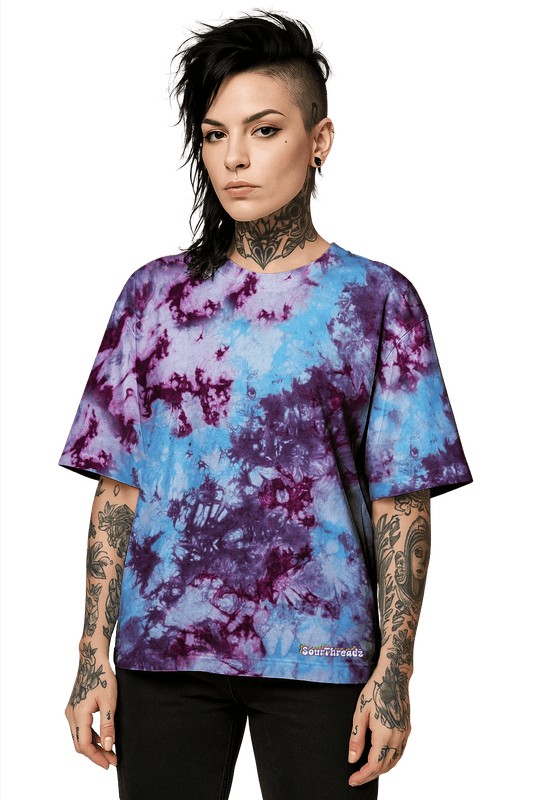 Tie-Dye Organic Boxy Oversized T-Shirt - Blue Magenta Purple - Festival Ready - SourThreadz