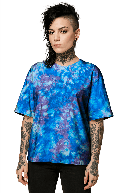 Tie-Dye Organic Boxy Oversized T-Shirt - Purple Blue Camo - Electrifying Colours - SourThreadz