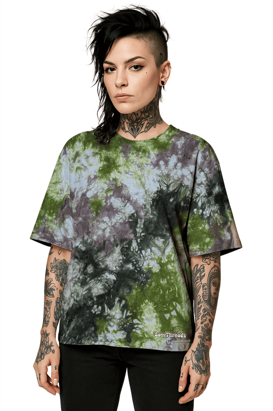 Tie-Dye Organic Boxy Oversized T-Shirt - Green Brown Camo - Earth Tones - SourThreadz