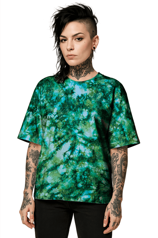 Tie-Dye Organic Boxy Oversized T-Shirt - Green Camo - Alternative Inspired - SourThreadz