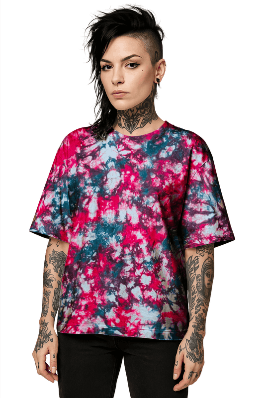 Tie-Dye Organic Boxy Oversized T-Shirt - Teal Hibiscus Camo - Streetwear Look - SourThreadz