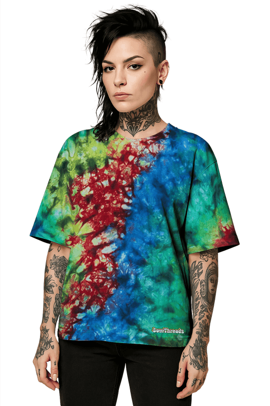 Tie-Dye Organic Boxy Oversized T-Shirt - Toxic Rainbow - Grunge Festival Style - SourThreadz