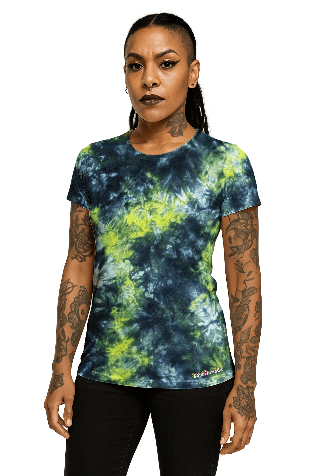 Tie-Dye Women's Fitted T-Shirt - Black Yellow Camo - Bold Grunge Look - SourThreadz