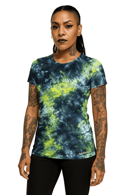 Tie-Dye Women's Fitted T-Shirt - Black Yellow Camo - Bold Grunge Look - SourThreadz