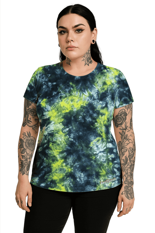 Tie-Dye Women's Fitted T-Shirt - Black Yellow Camo - Bold Grunge Look - SourThreadz